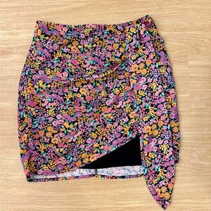 For Love & Lemons Floral Ruched Asymmetrical Wrap Mini Skirt Black Pink Draped